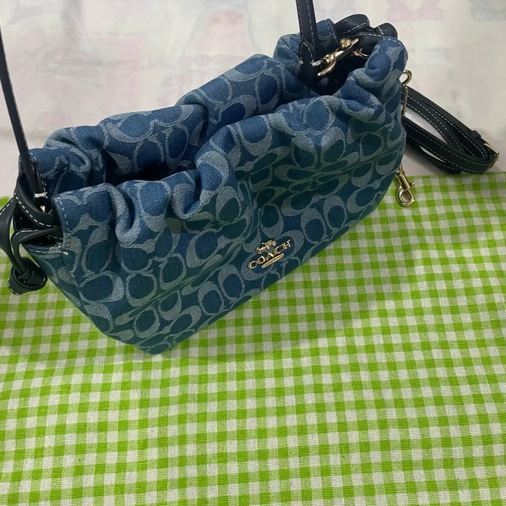 Coach Blue Signature Jacquard Shoulder Bag with Black Strap